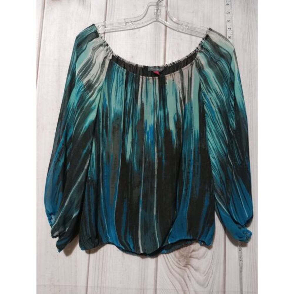 Vince Camuto Women Teal Blue Chiffon Off Shoulder Blouse‎ PXS Sheer Sleeve